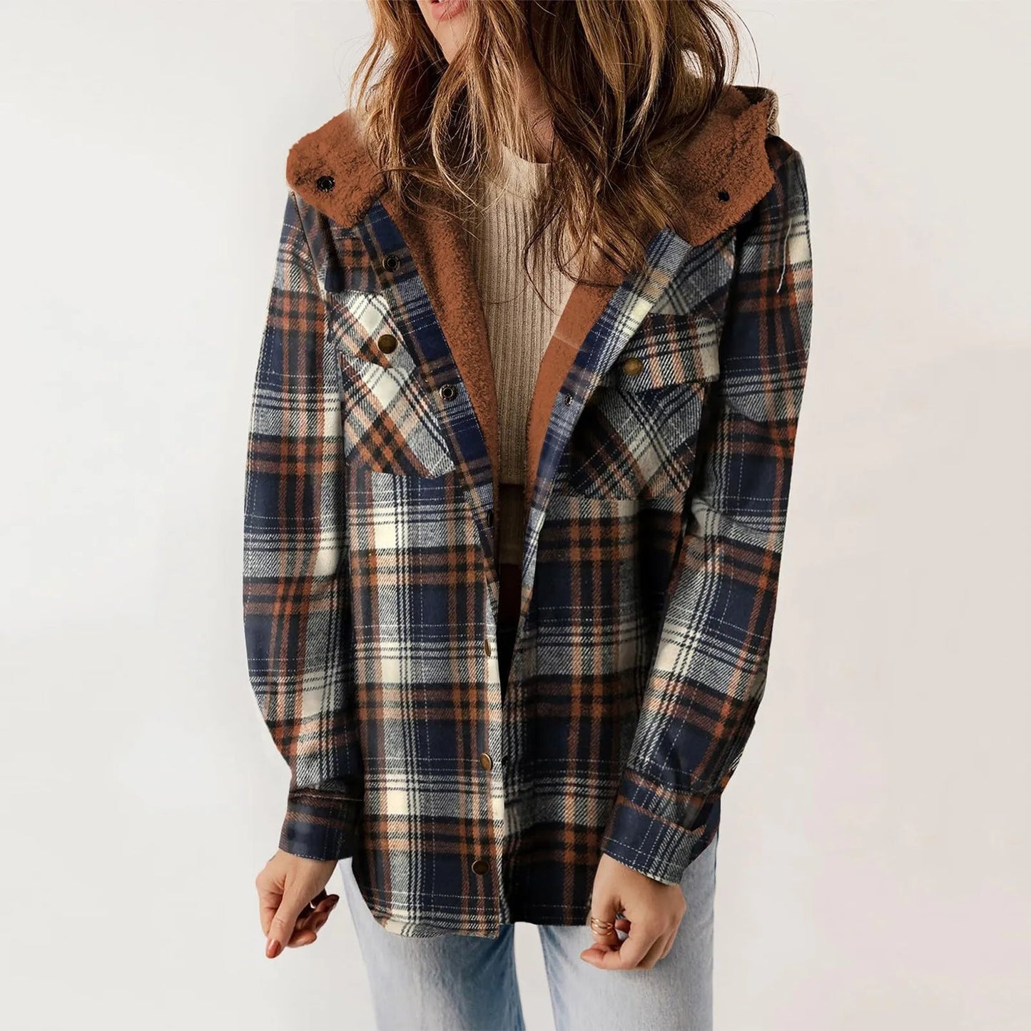 NaturaChic Women's Beige Checkered Sherpa Shirt - Stylish and Cozy