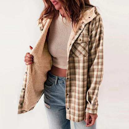 NaturaChic Women's Beige Checkered Sherpa Shirt - Stylish and Cozy